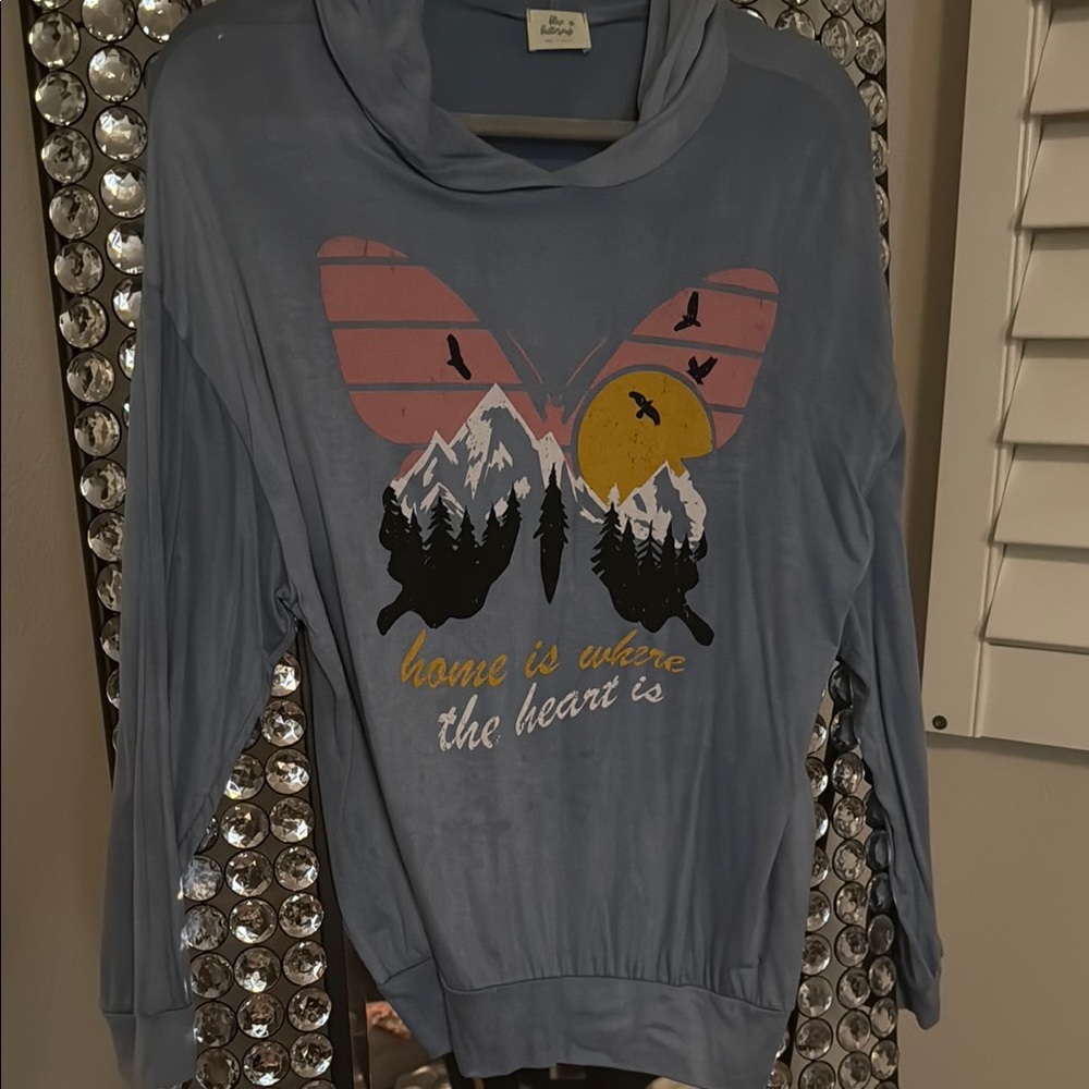 Blue Graphic Hoodie with Butterfly Design